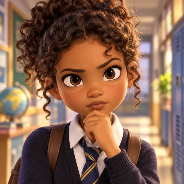 Year 4 girl detective with curly hair.