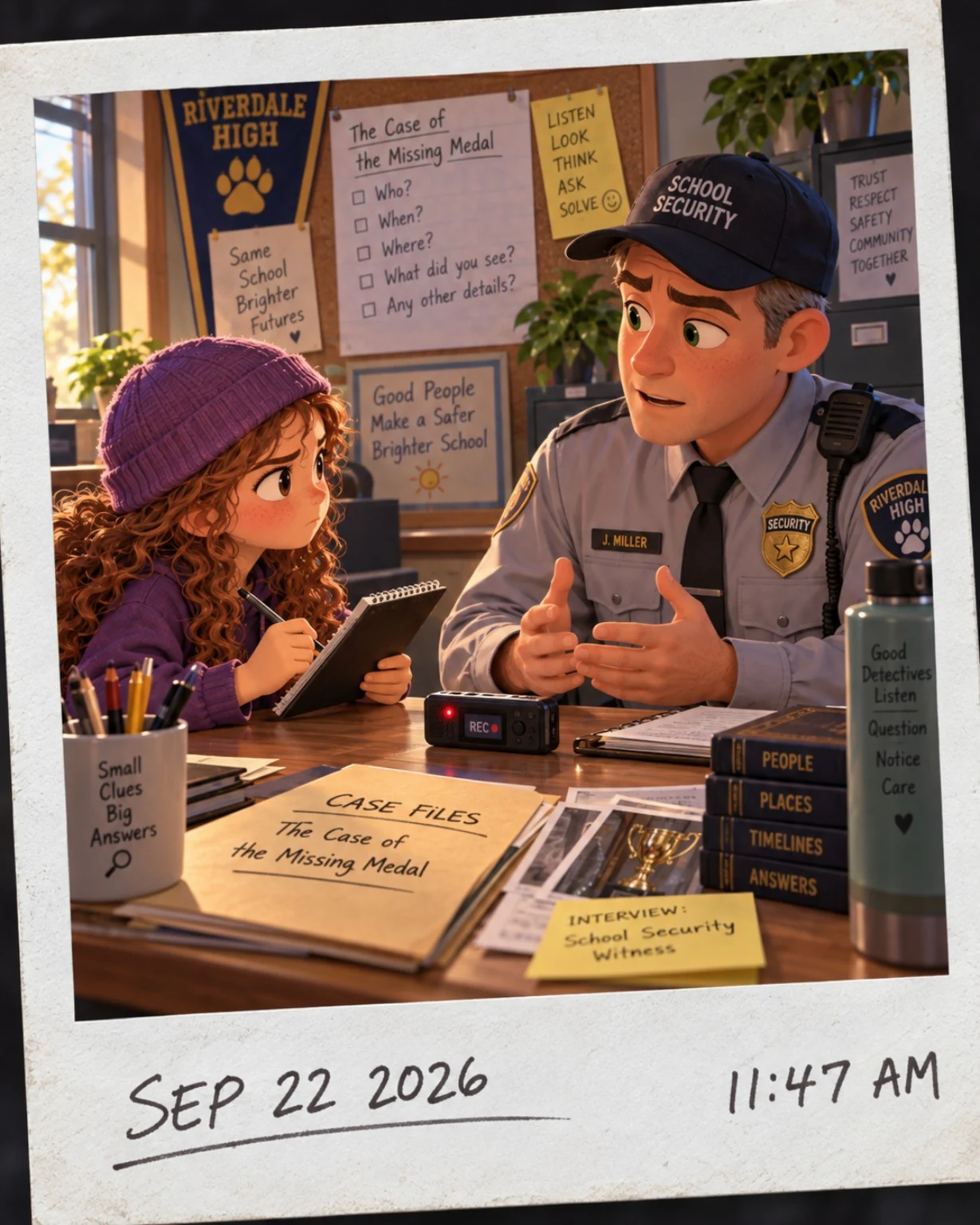 A young investigator interviewing a school security guard while a recorder is running.