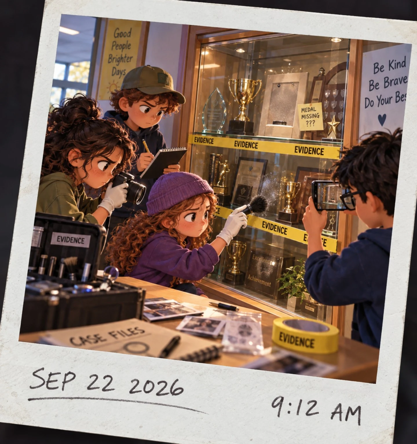 Young school investigators documenting the medal display case.