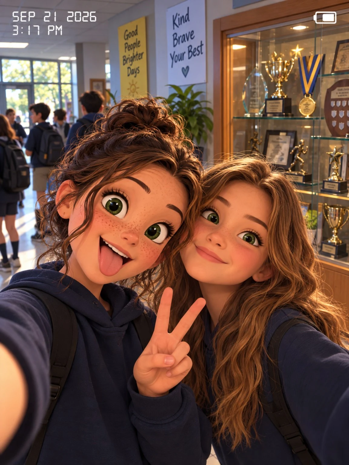 Two school students taking a timestamped selfie beside the trophy display.