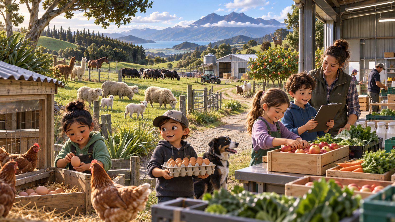 Year 4 learners exploring a mixed Aotearoa farm from paddock to packing shed