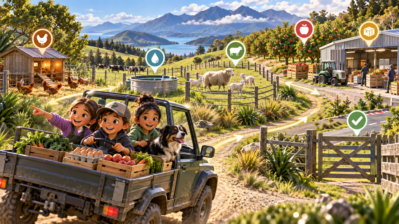 Farm Run game cover showing a New Zealand farm route linking the chicken coop, water point, paddocks, orchard and packing shed.