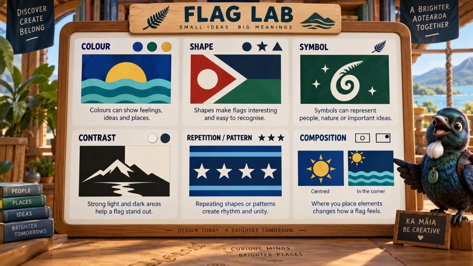 Flag Lab visual-language board exploring colour, shape, symbol, contrast, repetition and composition.