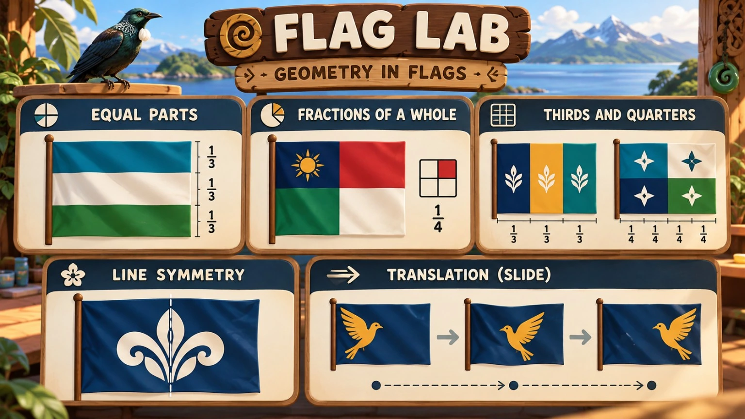 Flag Geometry board showing equal parts, fractions, symmetry and translation in flag designs.