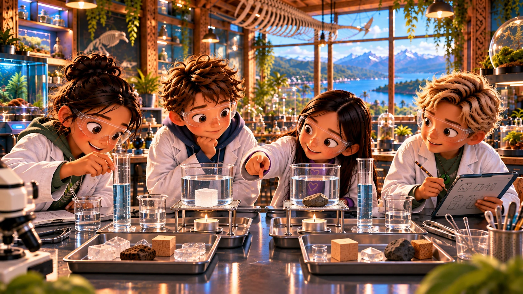 Young scientists comparing four ice-cube wrapping tests.