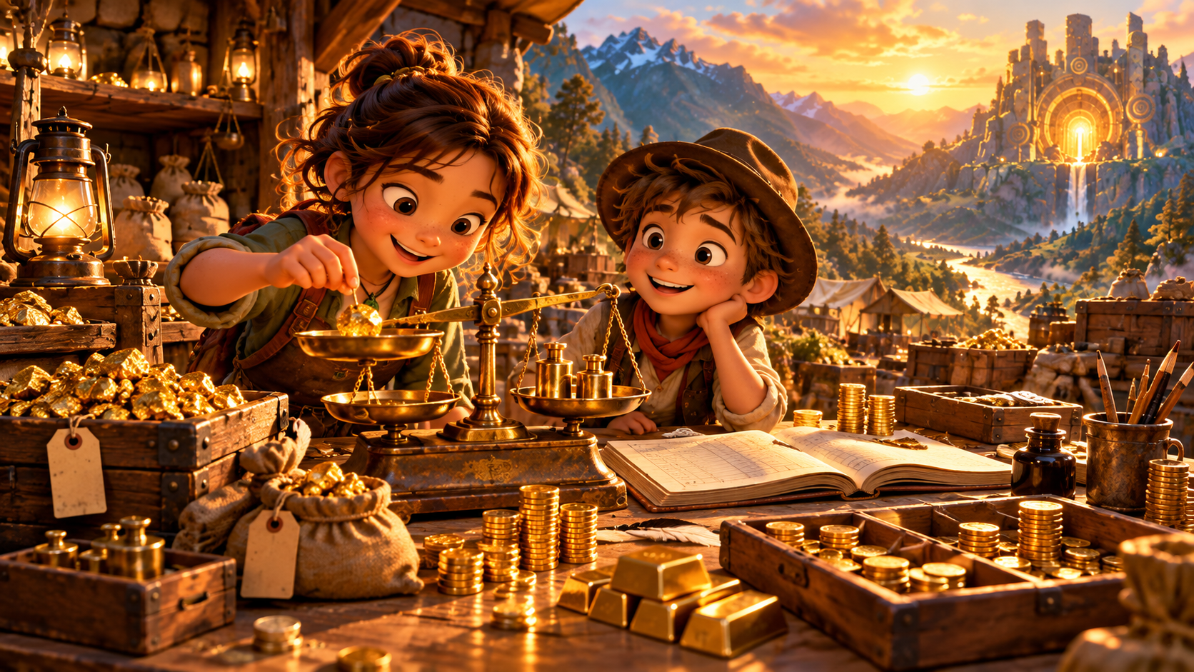 Young learners weighing and counting gold with scales at a sunset assay station.