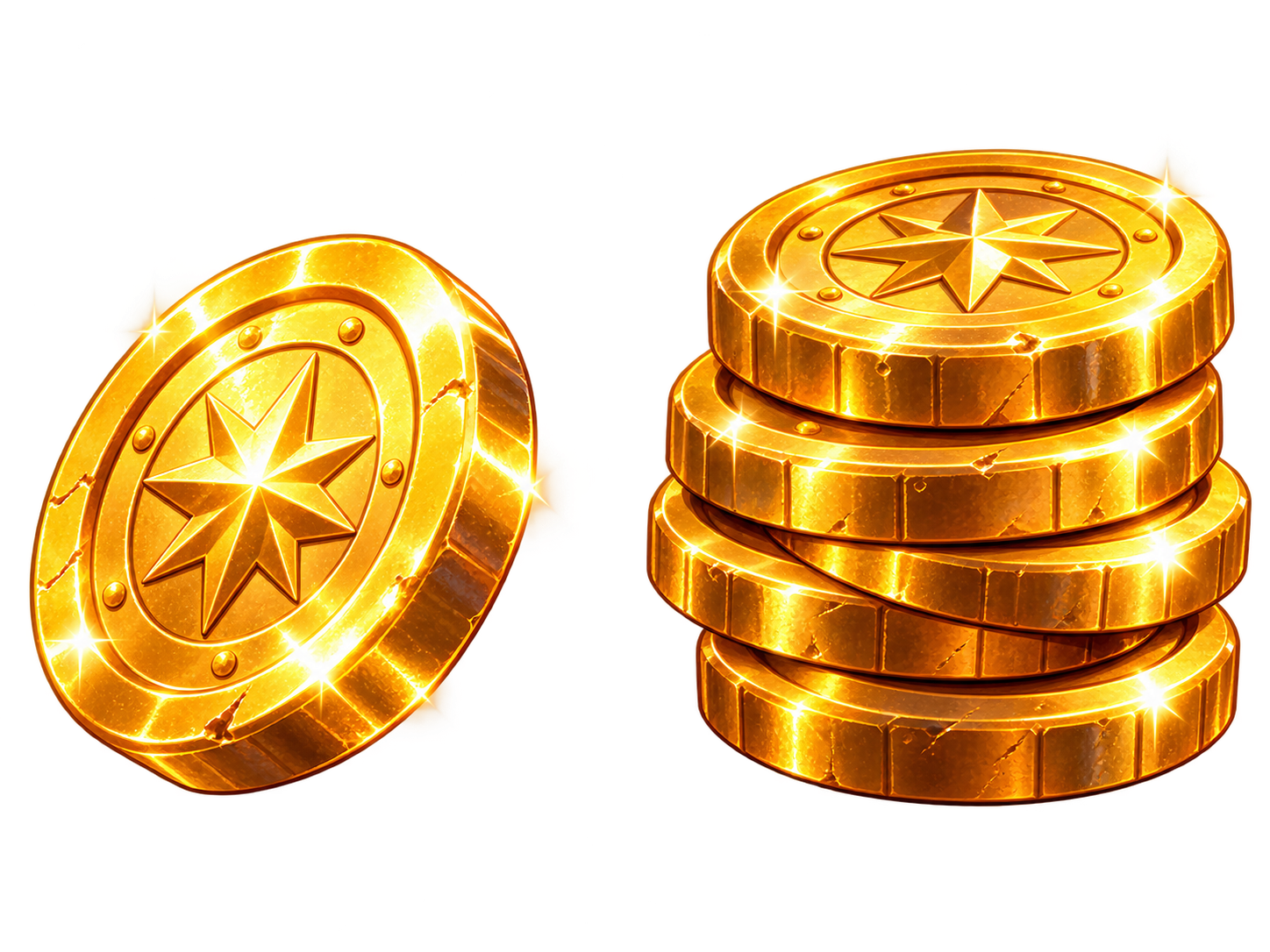 A gold coin and a stack of gold coins.