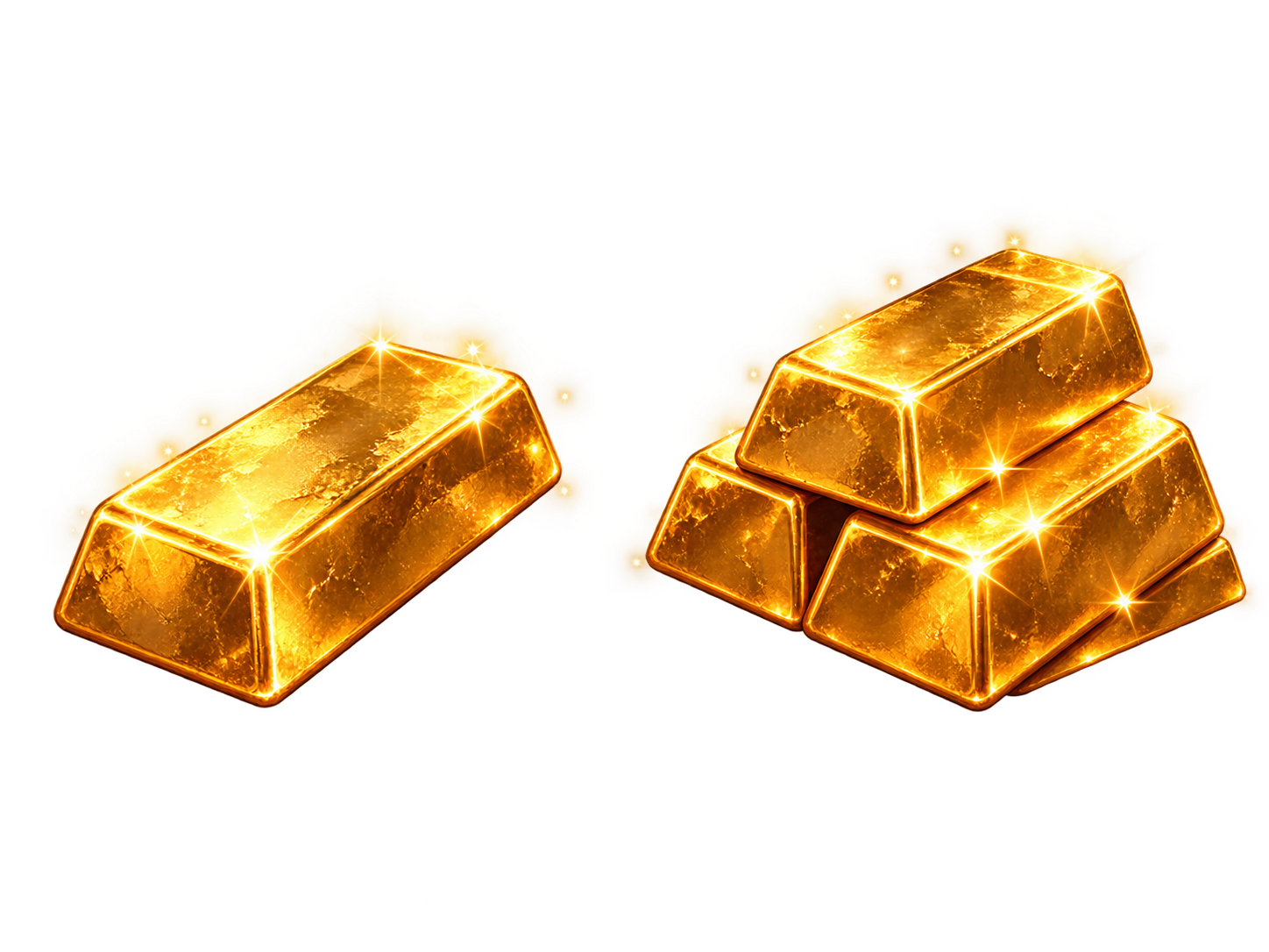 A single gold bar and a stack of gold bars.