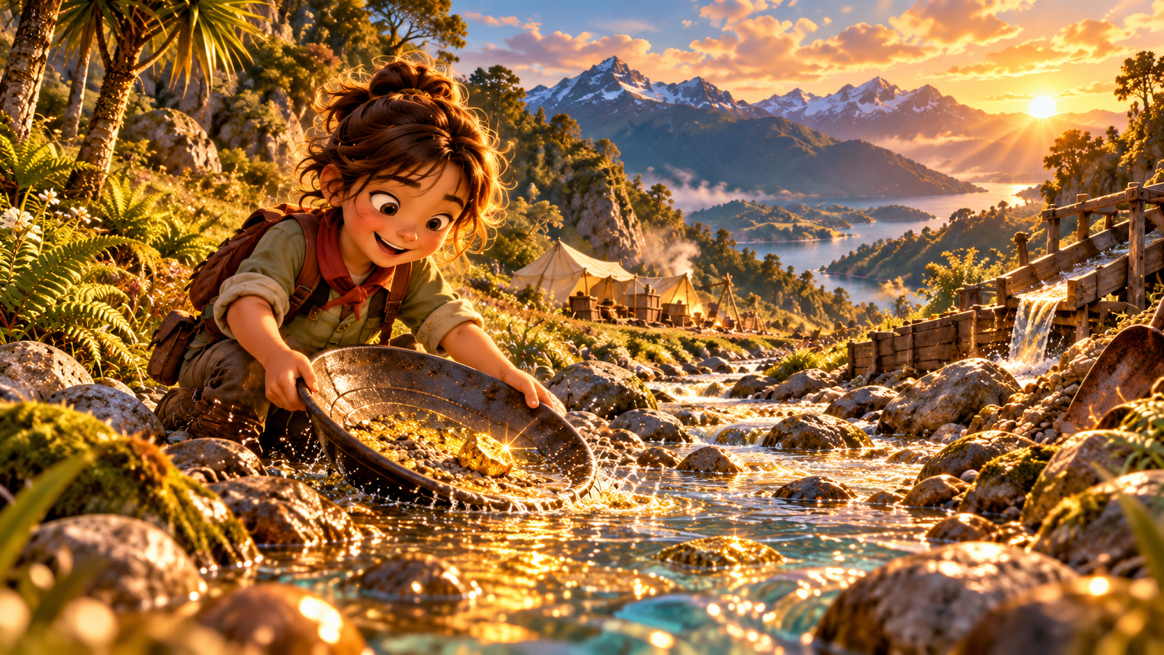A young learner panning for gold in a clear creek surrounded by a warm goldfield landscape.