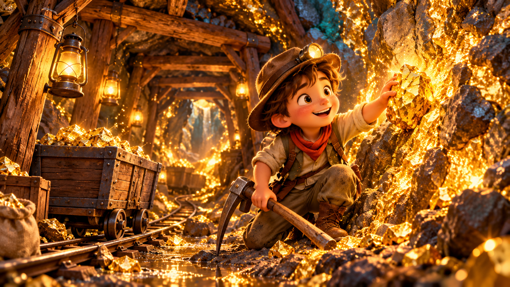 A young learner discovering glowing gold inside a timber-supported mine tunnel.