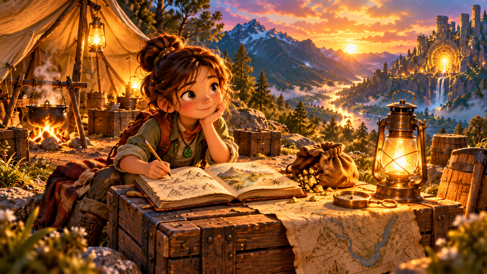 A cosy prospector camp with a journal, map, lantern and treasure pouch at golden hour.