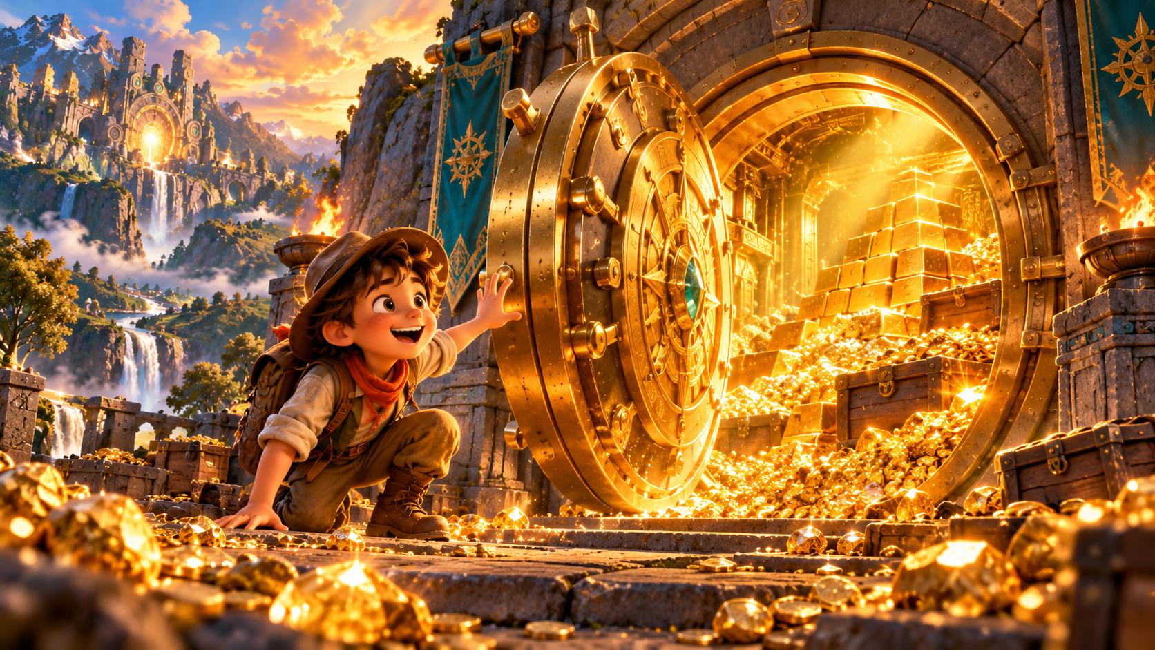 A giant circular treasure vault opening to reveal stacked gold bars, coins and glowing nuggets.