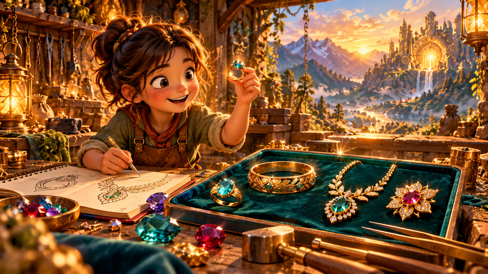 A young jeweller designing gold jewellery in a magical workshop.