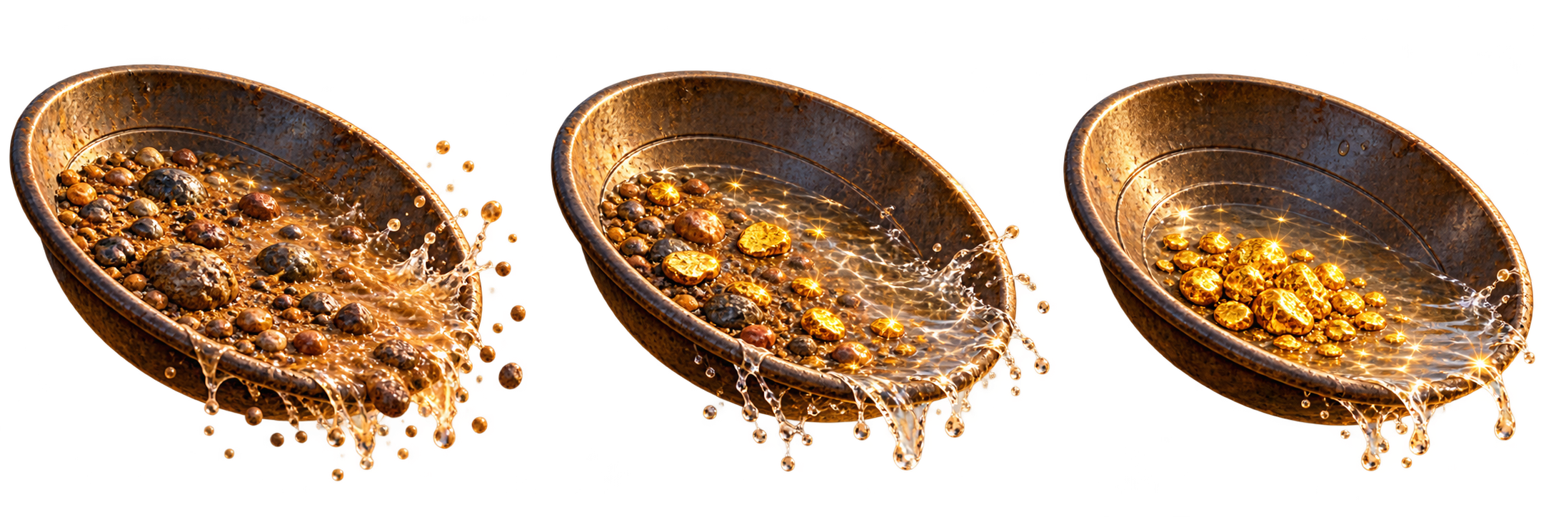 Three stages of gold panning: dirty gravel, partly washed sediment, then clean revealed gold.
