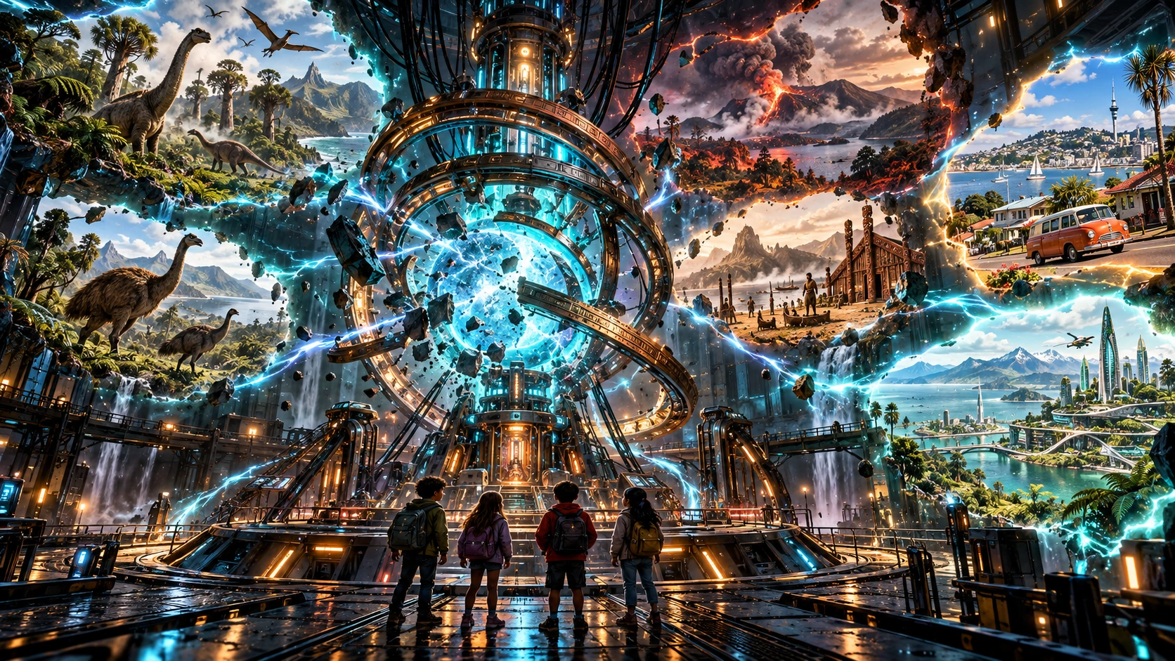 Year 4 learners entering a cinematic Aotearoa-inspired Time Machine headquarters with a glowing temporal energy core.