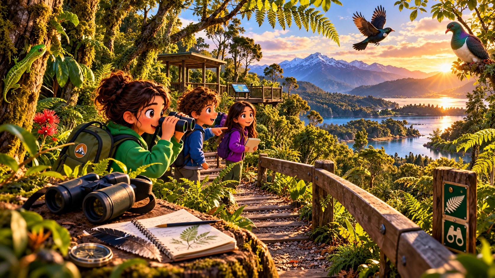 A New Zealand bush observation trail with binoculars, field notes, animal signs and native wildlife clues.