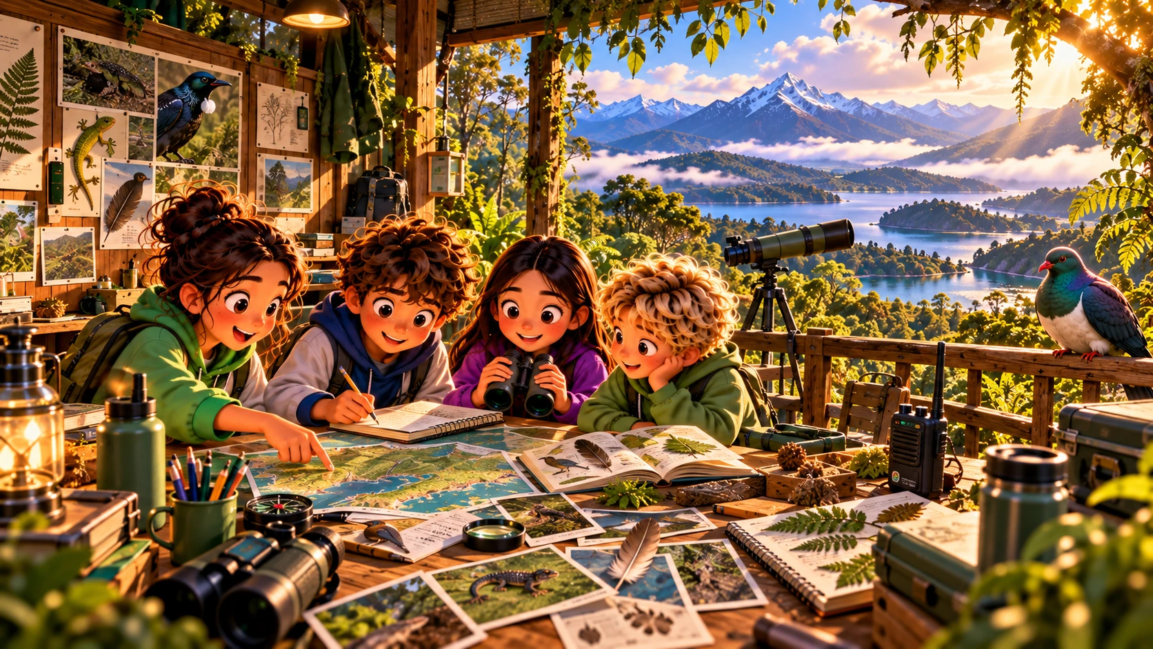 Young rangers preparing a wildlife field report at a bush-side ranger station overlooking native forest and waterways.