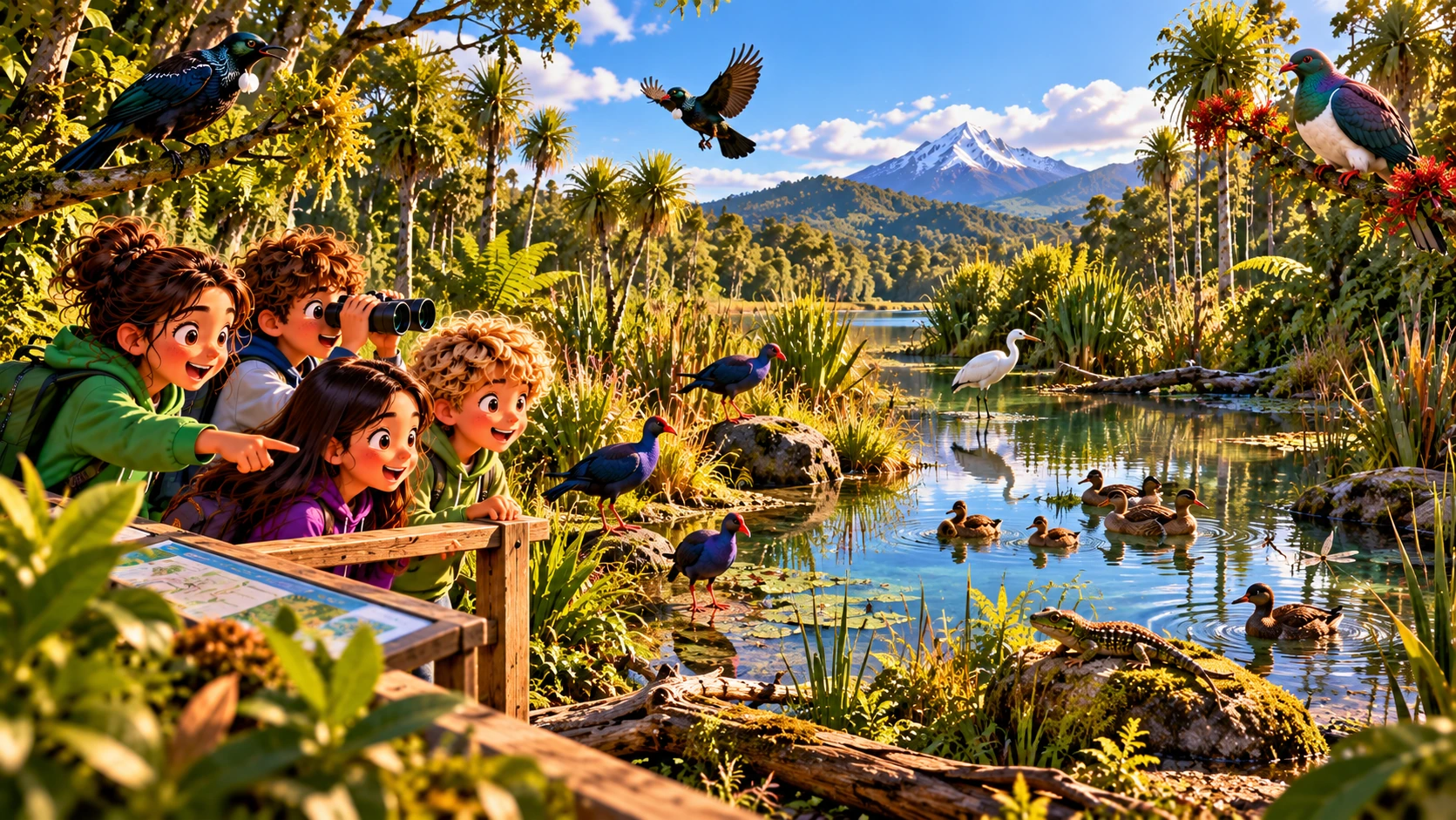Young rangers counting native birds and wildlife around a clear Aotearoa wetland habitat.