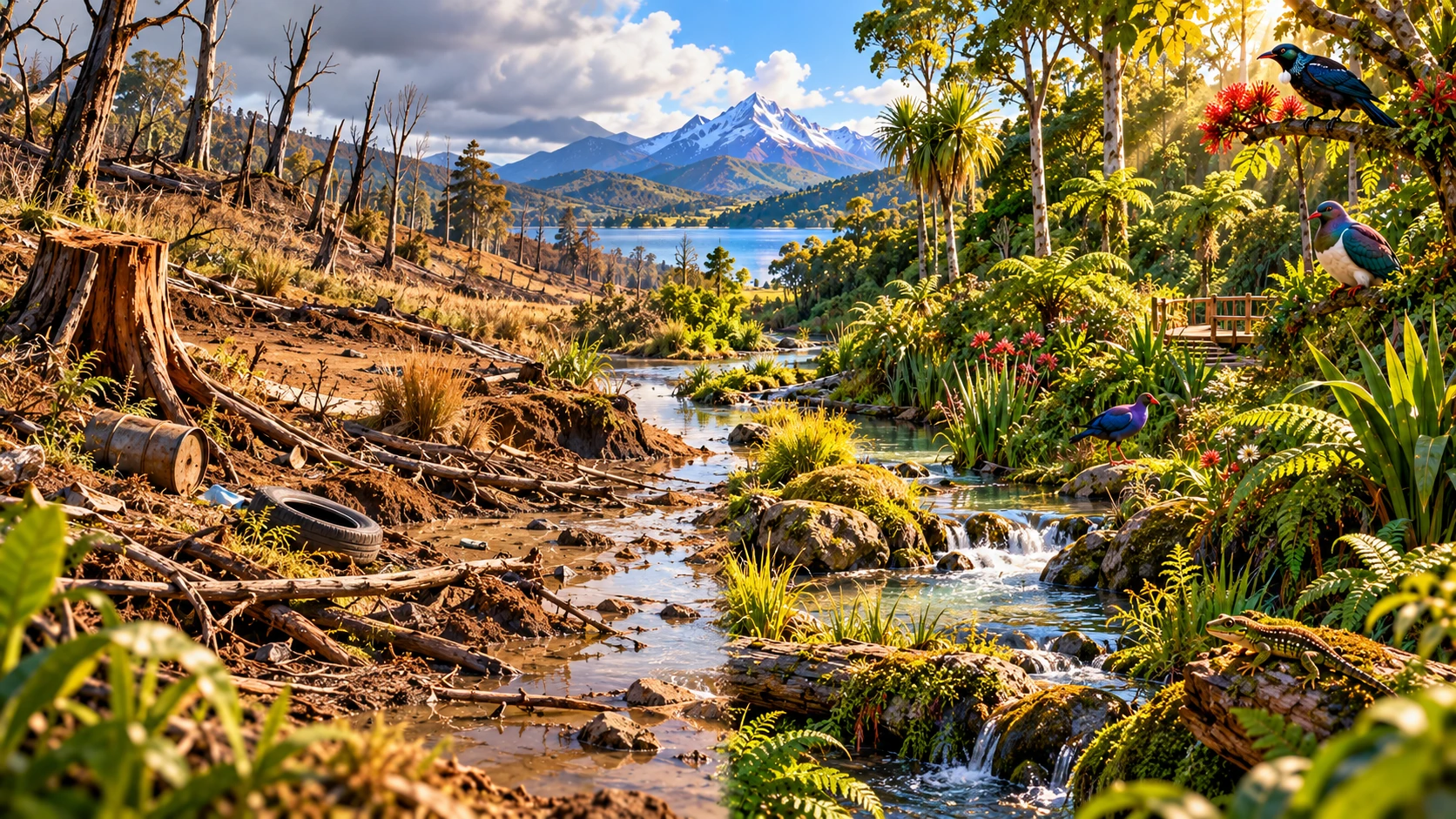 A split habitat restoration scene showing damaged land changing into healthy native bush and clean water.