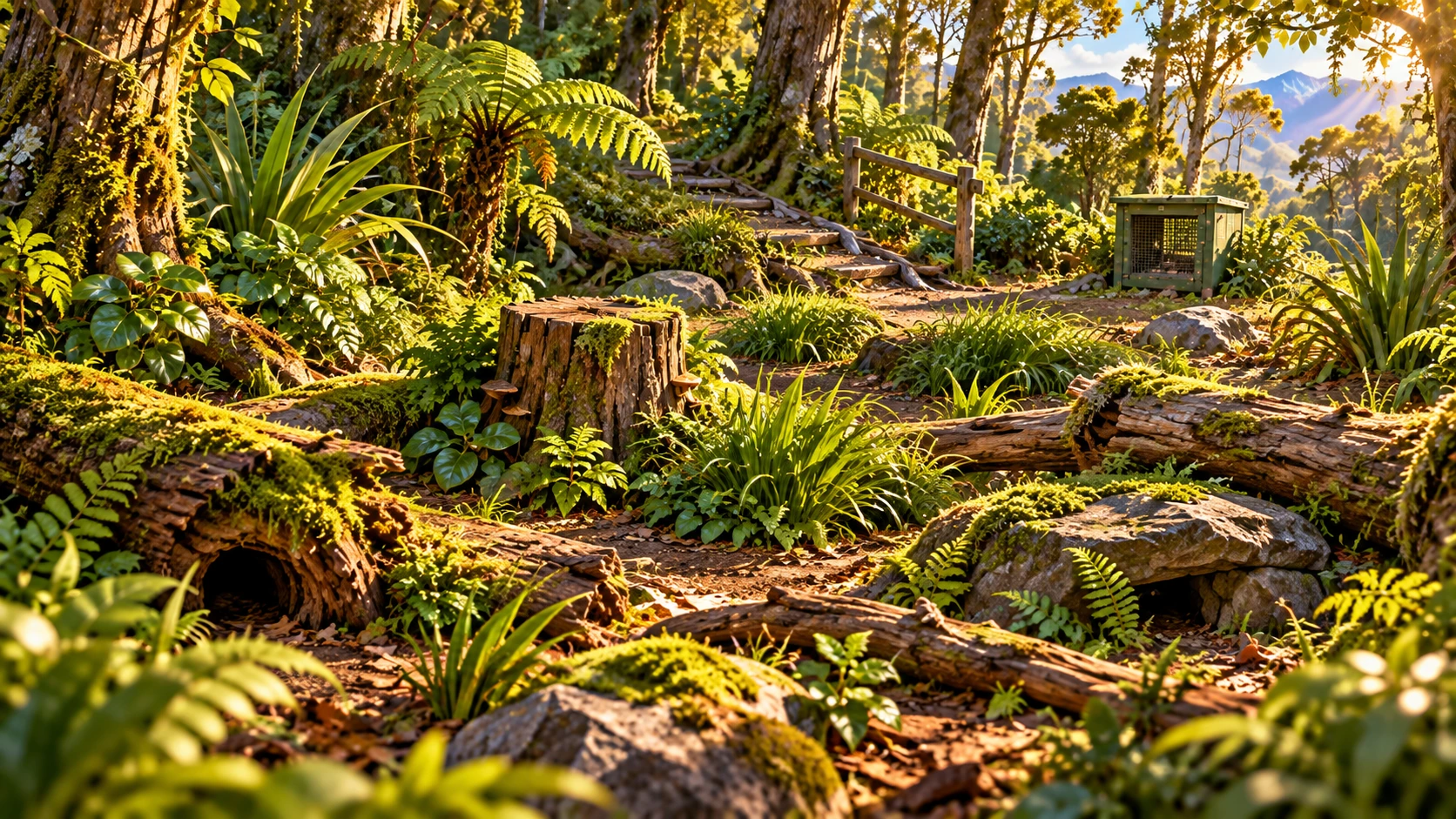 A New Zealand bush biosecurity patrol zone with logs, fern cover, rocks and hiding places for pest targets.