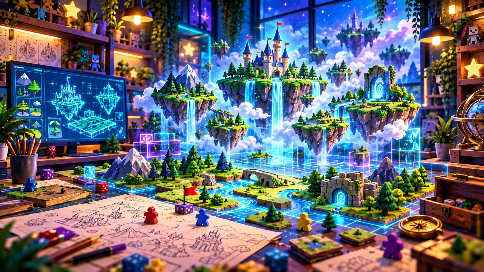 A holographic game-world design station where mountains, forests, floating islands, portals and game pieces are being assembled.