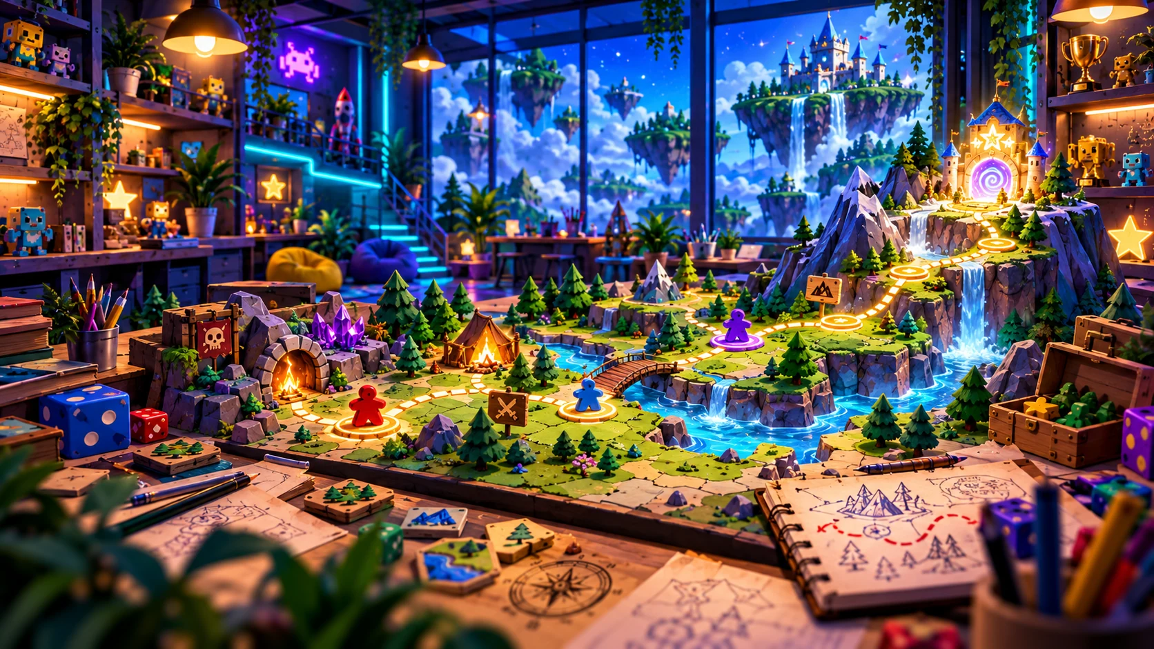A cinematic adventure-map workbench with a winding quest path, checkpoints, landscape features and movable game pieces.