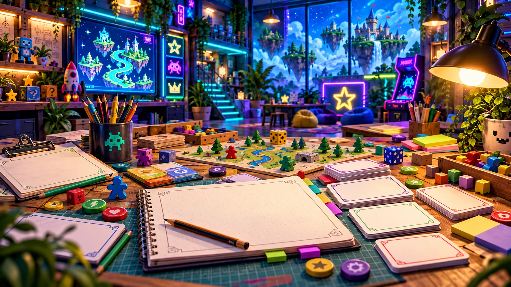 A neon game designer workstation with a mostly blank rules notebook, cards, pencils, tokens and prototype pieces ready for rule writing.