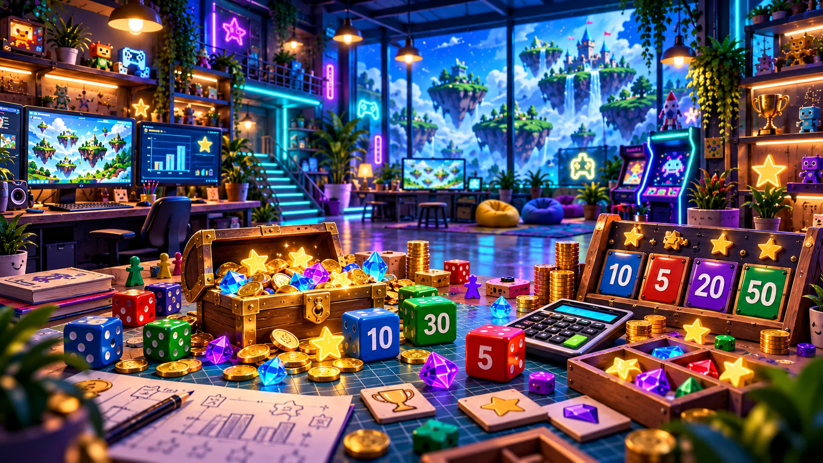 A glowing game scoring laboratory with dice, point counters, number blocks, treasure pieces and digital score displays.