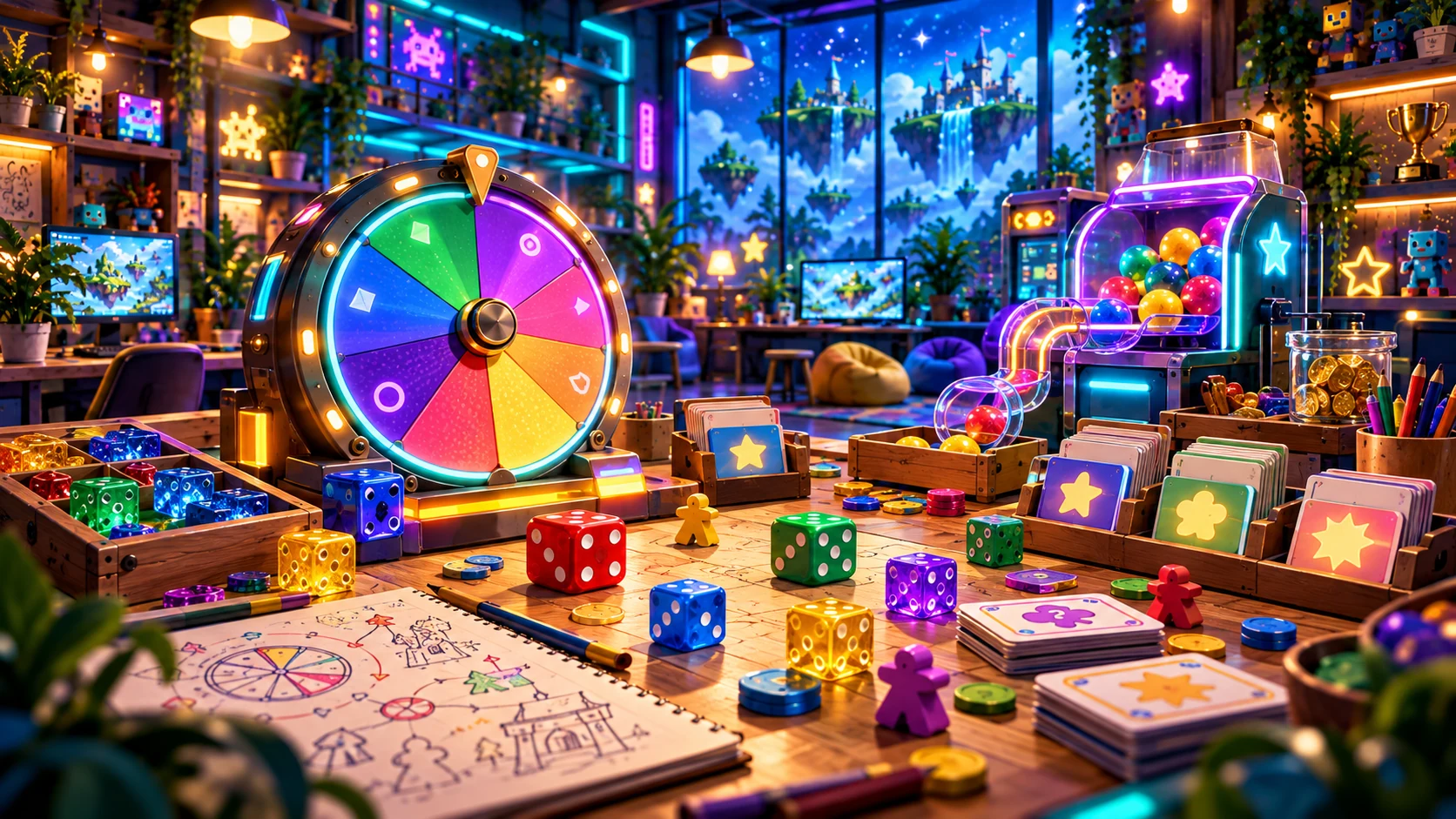 A colourful probability station with spinner, dice, event cards and a glowing chance-machine atmosphere.