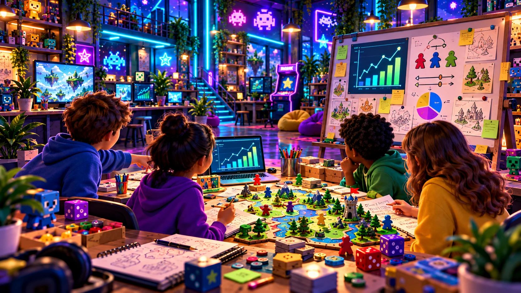 Young game designers playtesting a prototype tabletop game in a neon arcade studio while recording results and balancing the game.