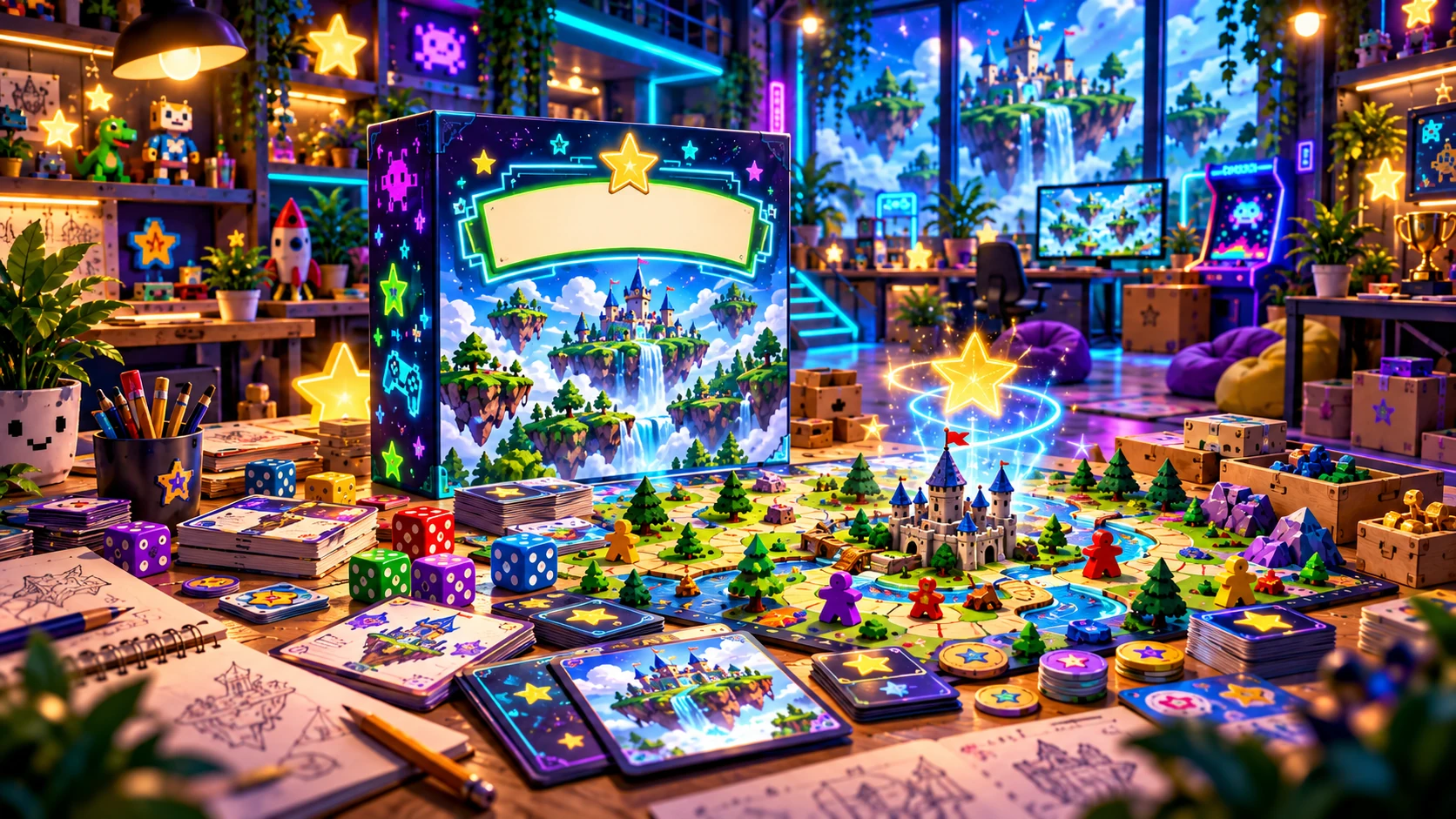A finished custom game assembling on a creator workbench with a board, pieces and a glowing portal in a celebratory neon studio.