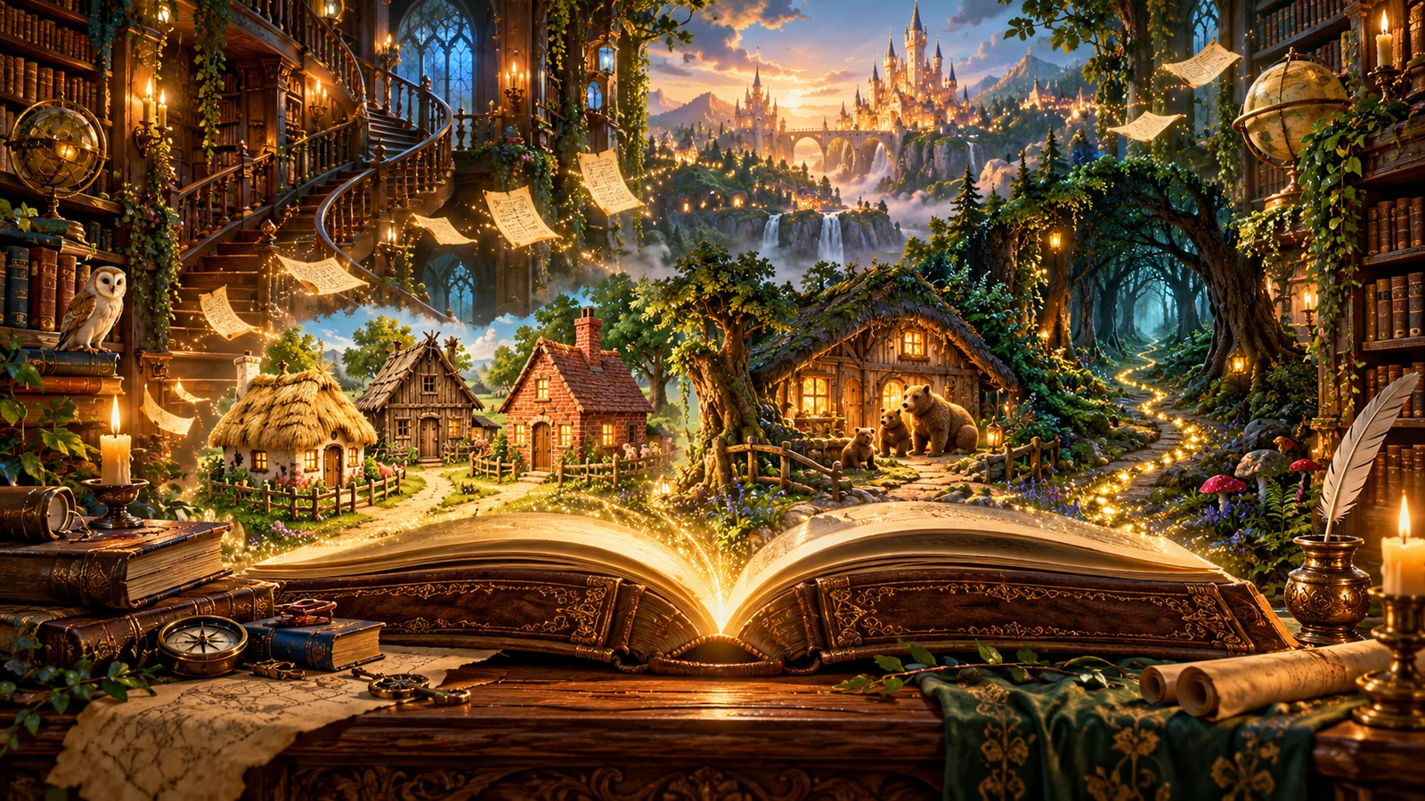 An enchanted storybook library opening into fairy-tale worlds with cottage houses, a bears woodland home, an enchanted forest and a distant magical kingdom.