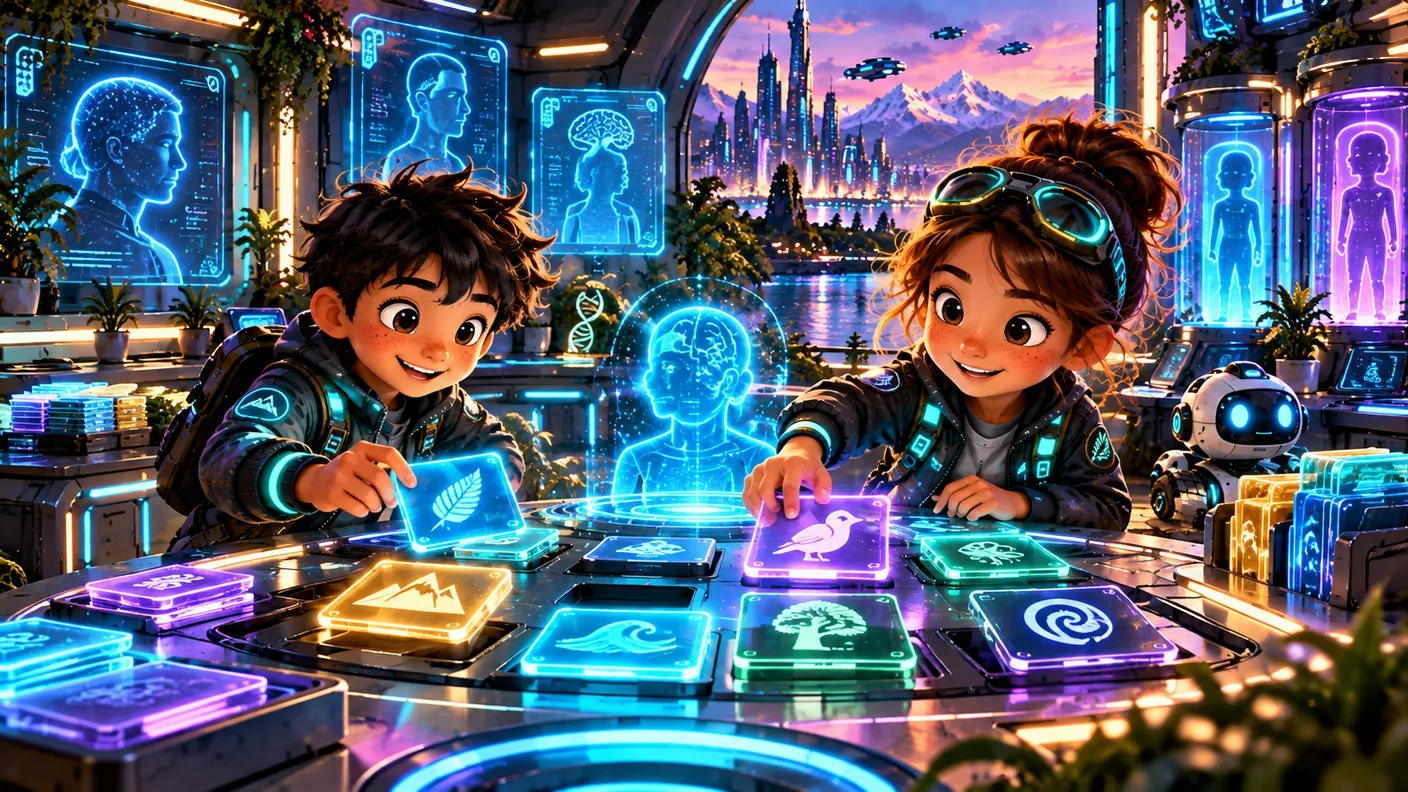 Two Year 4 learners decoding glowing symbol tiles together inside a futuristic Aotearoa identity archive word lab.