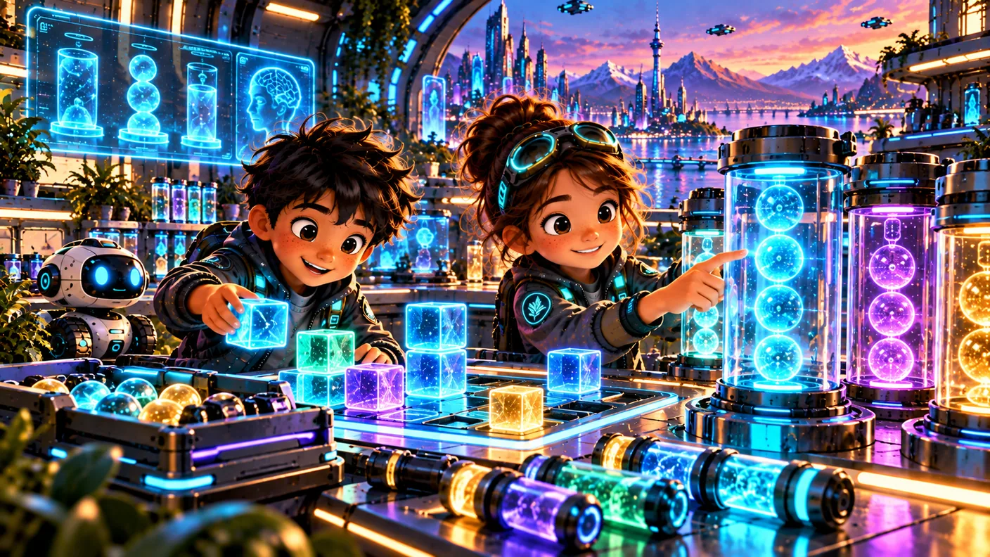 Two Year 4 learners solving a hands-on maths challenge with glowing data cubes, transfer capsules and measured memory chambers.
