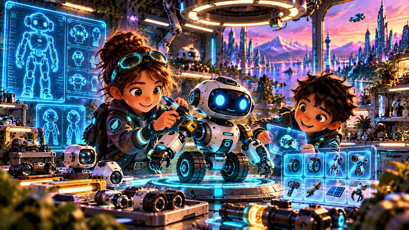 Two Year 4 learners assembling and testing a friendly mission robot in a futuristic avatar workshop.