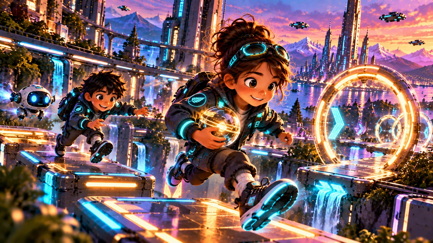 Year 4 learners racing across glowing futuristic checkpoints while carrying a Memory Core through the final Memory Run.