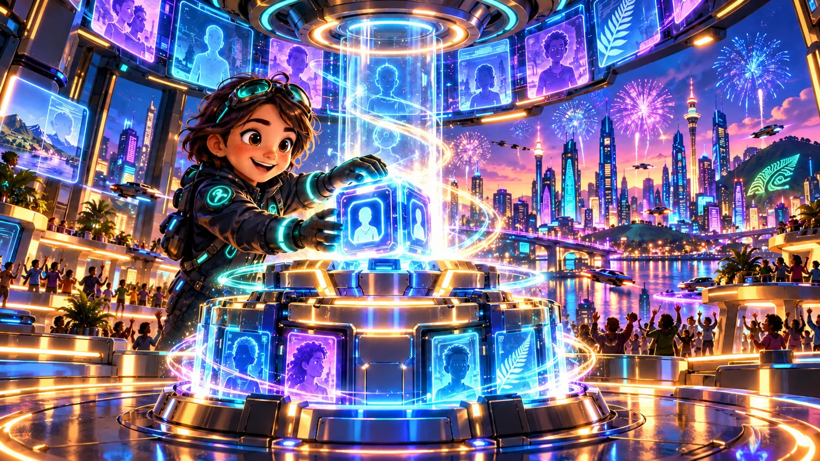 The girl runner restores Core 07 and the future city celebrates.