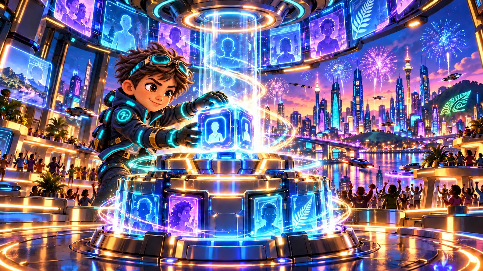 The boy runner restores Core 07 and the future city celebrates.