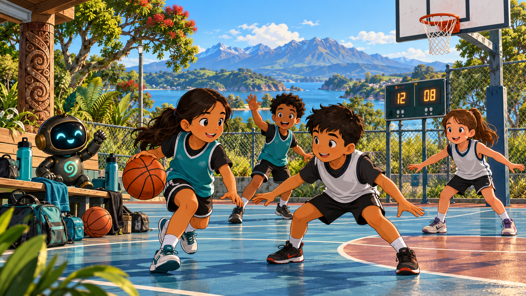 Four Year 4 children playing basketball on an outdoor Aotearoa court while Koru watches from the sideline.