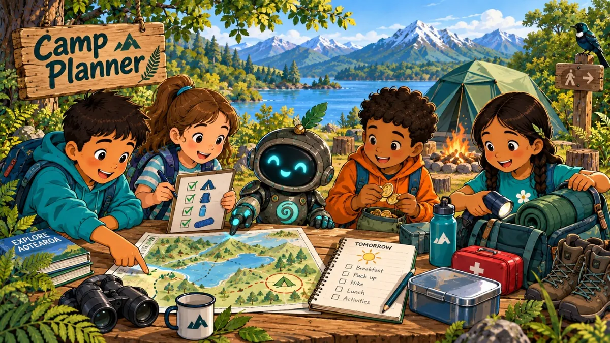 Illustrated Aotearoa camp planning scene