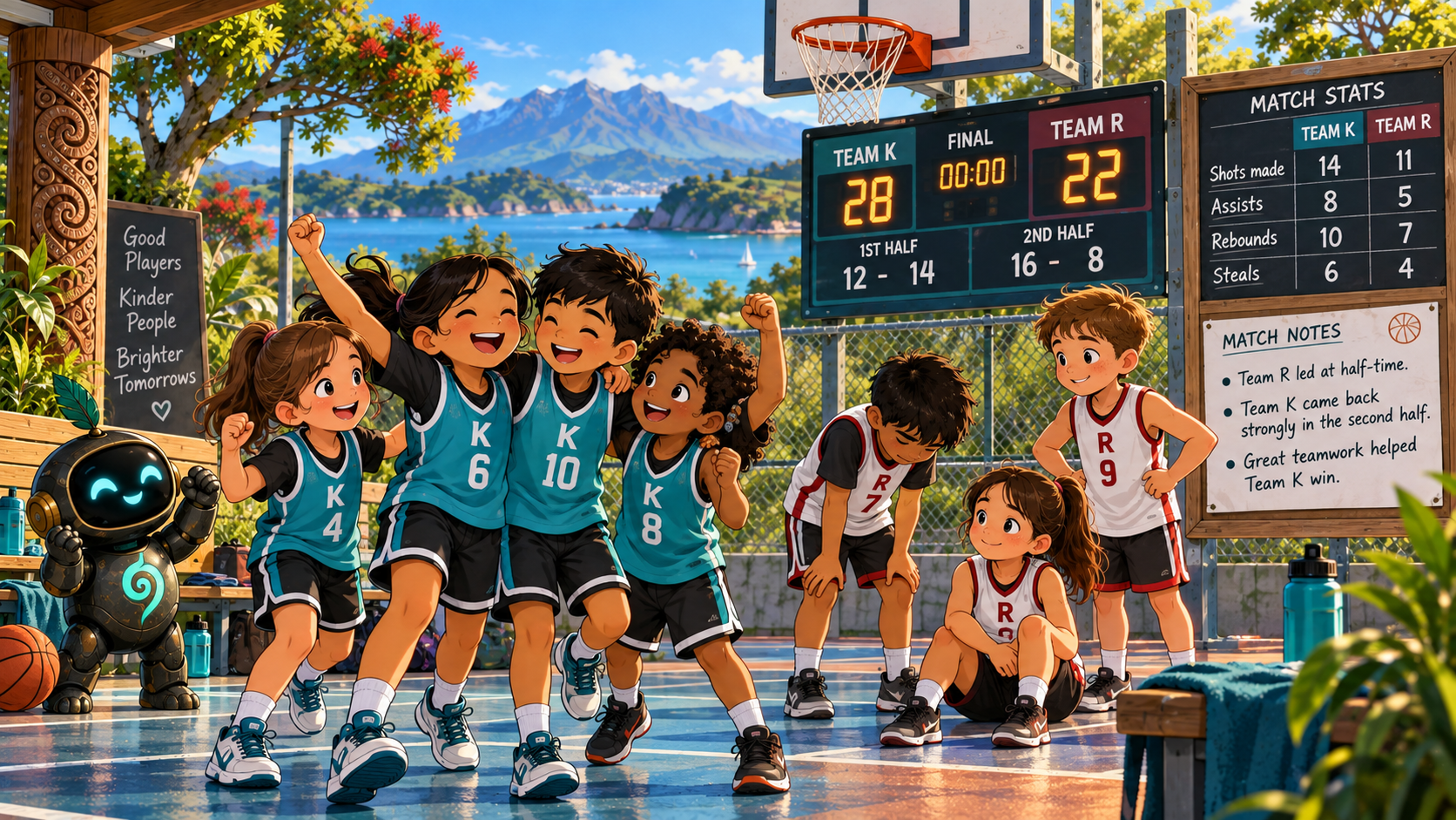 Year 4 basketball match reference showing Team K beating Team R 28 to 22, first-half and second-half scores, match statistics and notes.