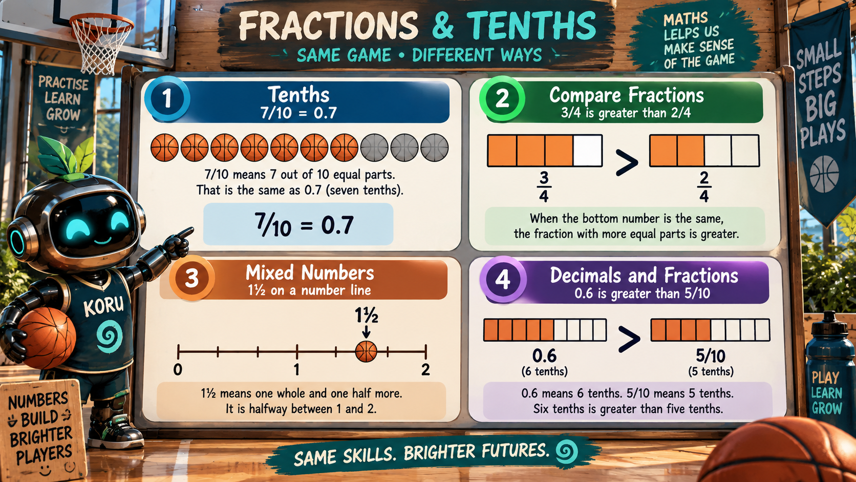 Basketball-themed Year 4 maths reference showing seven tenths as 0.7, three quarters greater than two quarters, one and a half on a number line, and 0.6 greater than five tenths.