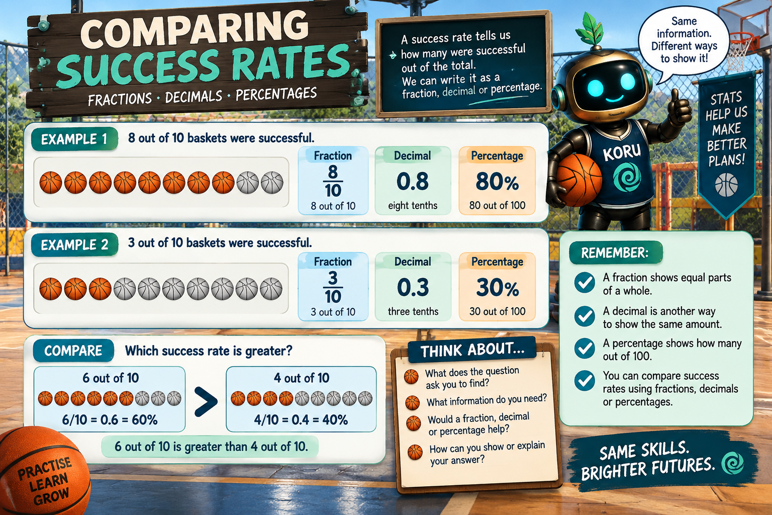 Basketball-themed Year 4 maths reference showing how success rates can be written as fractions and decimals and compared using tenths.