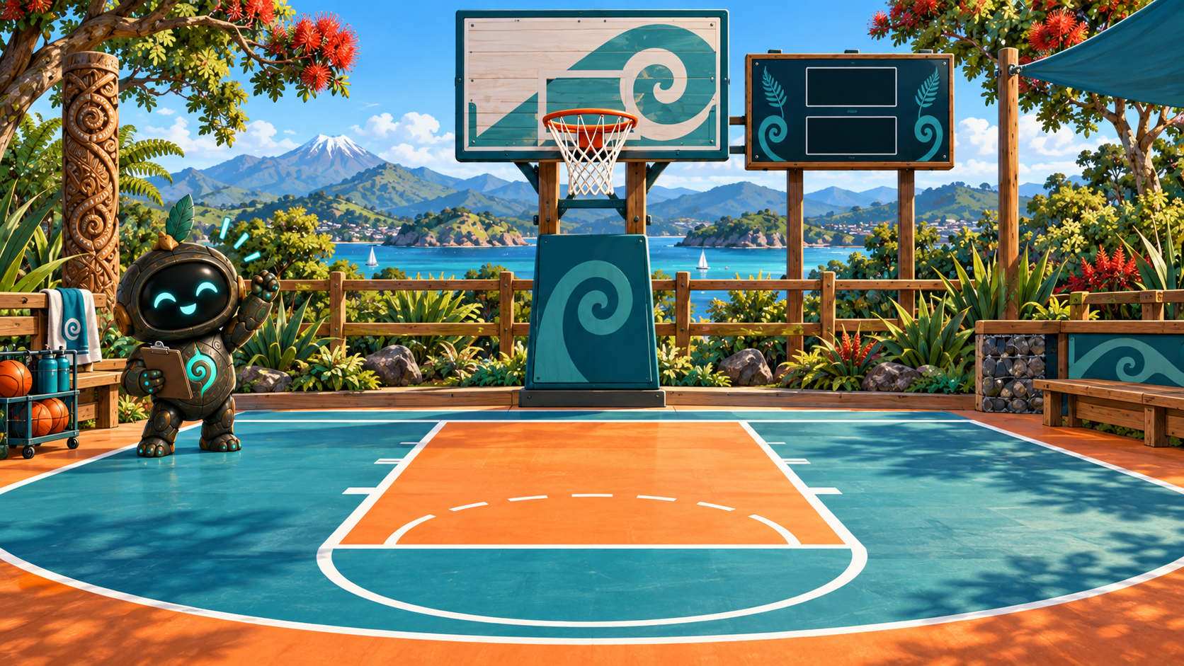 Iconic Games basketball court in Aotearoa with Koru cheering beside the hoop.