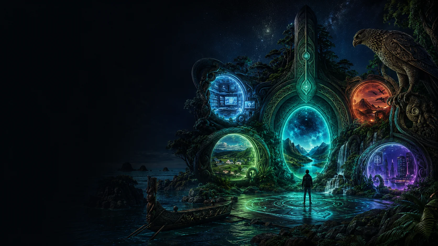 A futuristic Te Ao Māori-inspired gateway connecting worlds of play, learning and Aotearoa